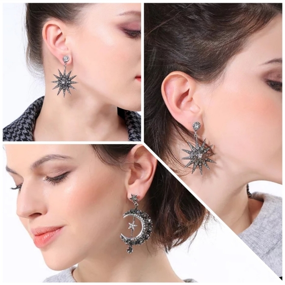 Cz Star Moon Crystal Stud Earrings - Picture 3 of 3